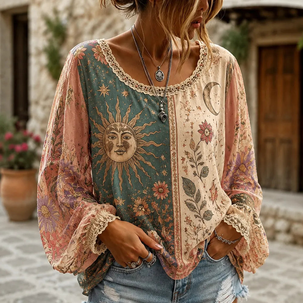 Women's Bohemian Colorblock Sun, Moon & Floral Print Long-sleeve Blouse