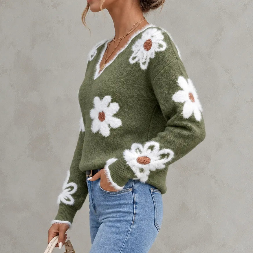 Elegant Floral Jacquard Knit V-neck Sweater