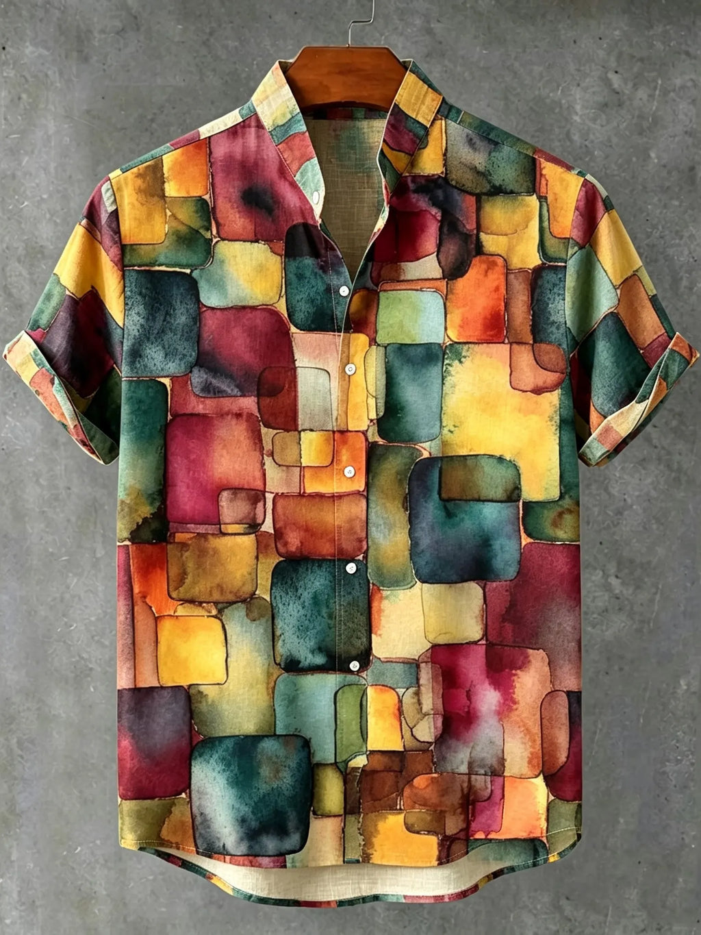Men's Retro Bohemian Hippie Style Geometric Print Cotton Linen Short-sleeve Shirt