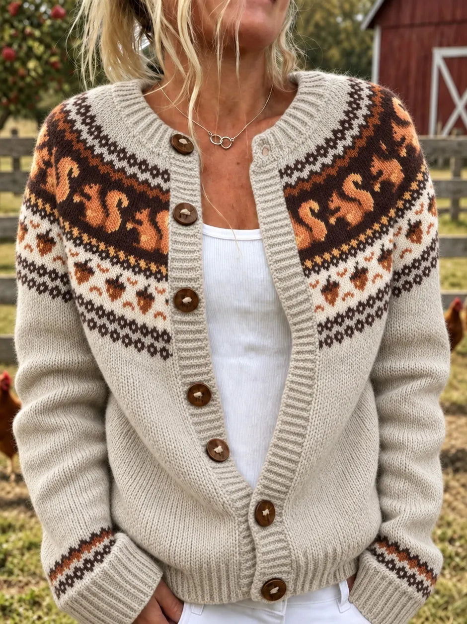Women's Vintage Squirrel Pattern Cozy Knit Cardigan