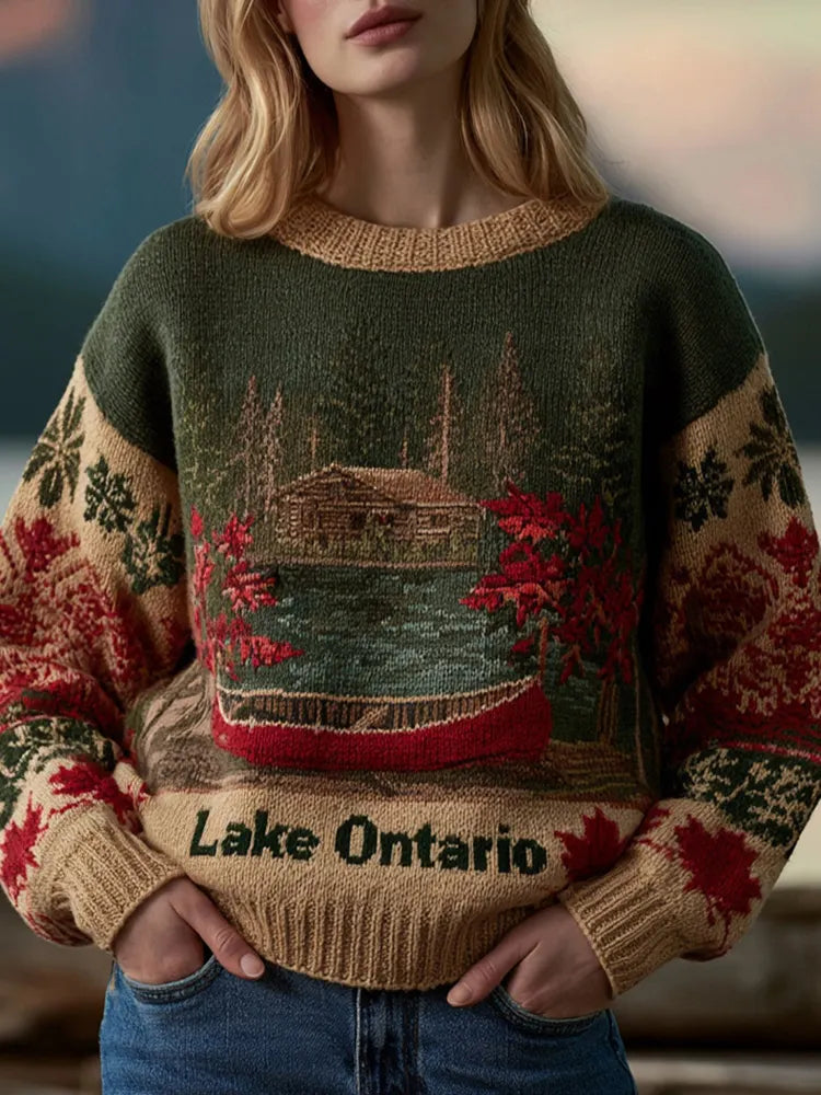 Women's Vintage Lake Ontario Print Crew Neck Knit Sweater