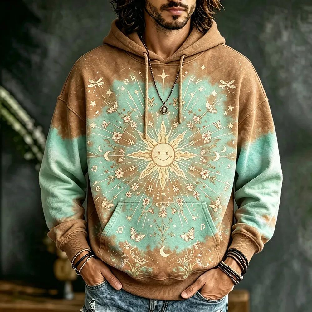Men's Boho Smiley Sun & Floral Print Hoodie - Vintage Washed Celestial Graphic Pullover