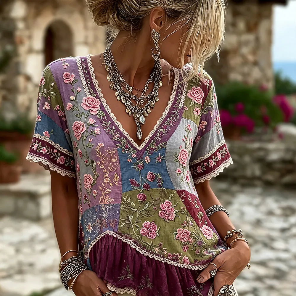 Women's Pink Floral Art Patchwork Vintage Cotton Linen V-neck Short Sleeve Top