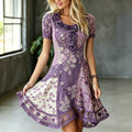 Women's Retro Purple Floral Embroidery Patchwork Art Round Neck Dress
