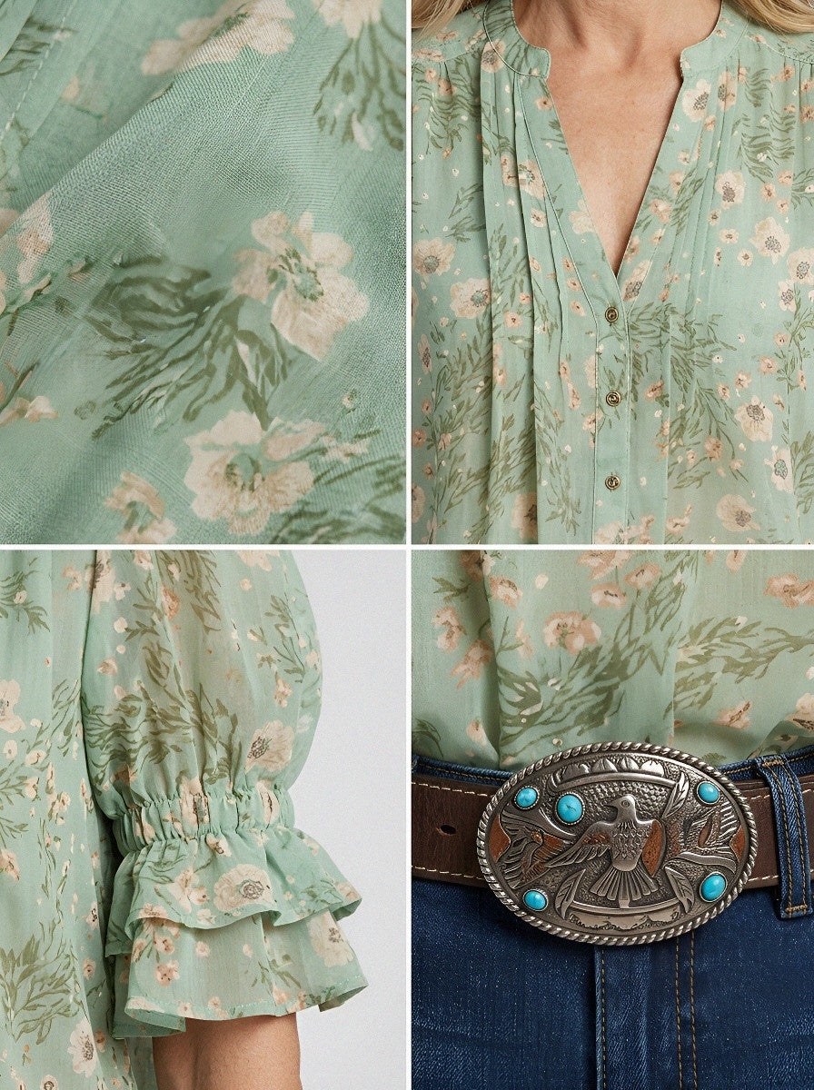 Women's Western Vintage Floral Ruffle Sleeve Printed Top