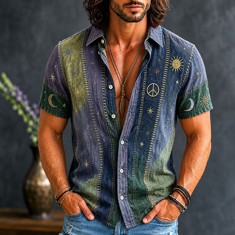 Men's Vintage Patchwork Peace Sign Sun Moon Star Art Print Cotton Linen Shirt
