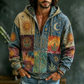 Men's Vintage Patchwork Sun Moon Star Art Cozy Warm Zipper Hoodie
