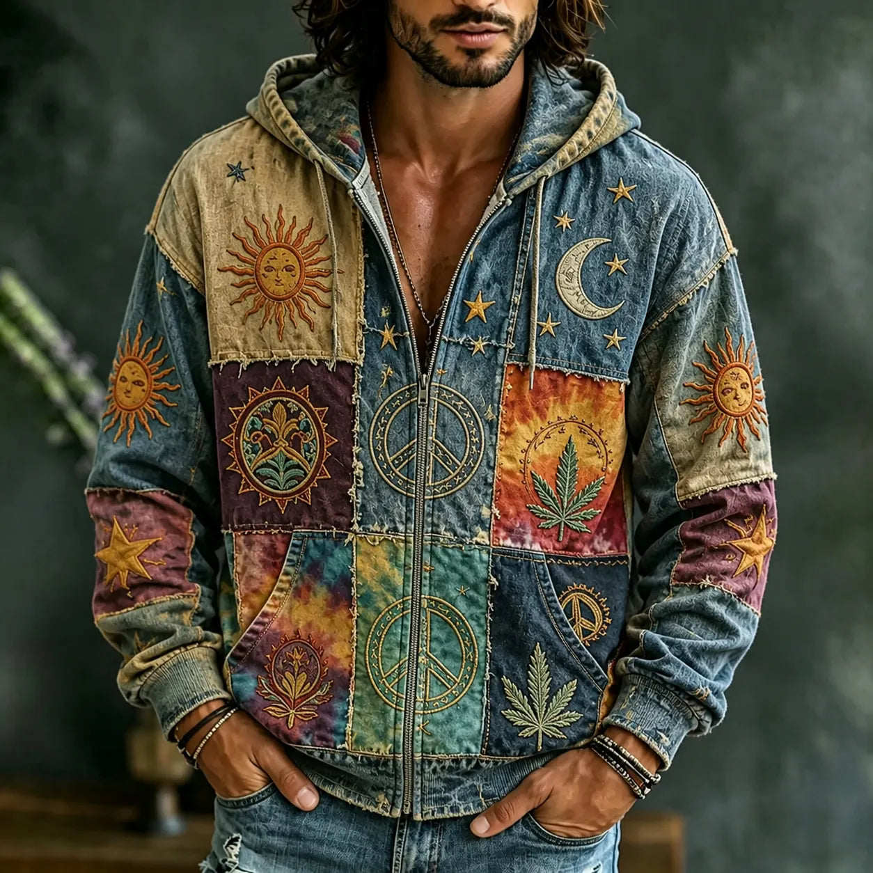Men's Vintage Patchwork Sun Moon Star Art Cozy Warm Zipper Hoodie
