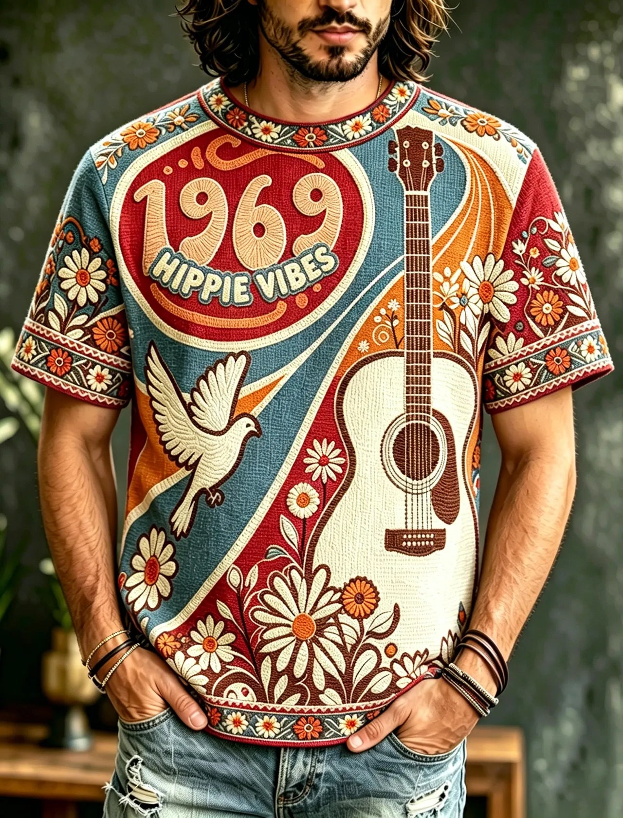 Men's Casual Color Block Music Cat Retro Hippie Crew Neck T-shirt