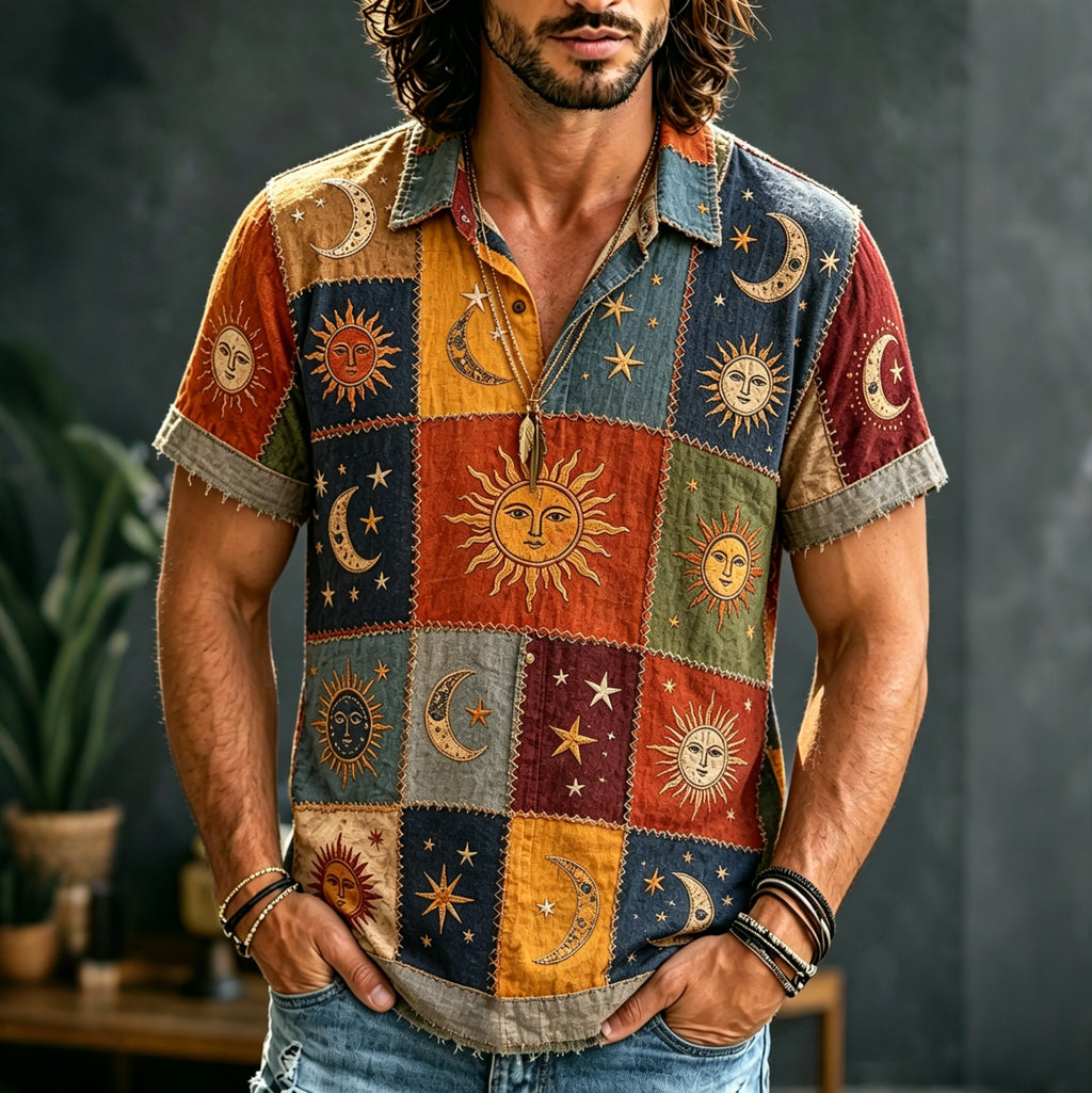 Men's Hippie Sun Moon Geometric Patchwork Print Short Sleeve Polo Shirt