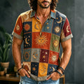 Men's Hippie Sun Moon Geometric Patchwork Print Short Sleeve Polo Shirt