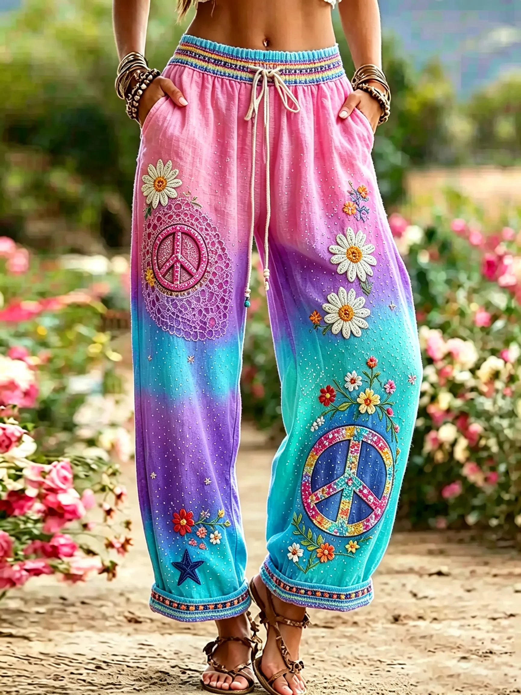 Women's Hippie Vintage Hippie Floral Art Cotton Linen Casual Pants