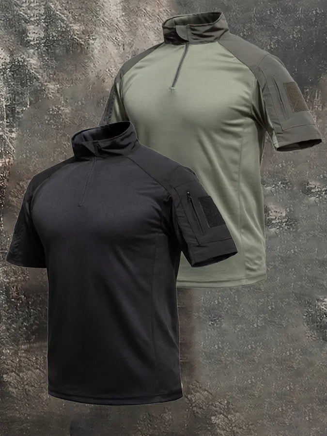 Men's Breathable Military-Style Short-Sleeve Shirt with Stand Collar and Zipper