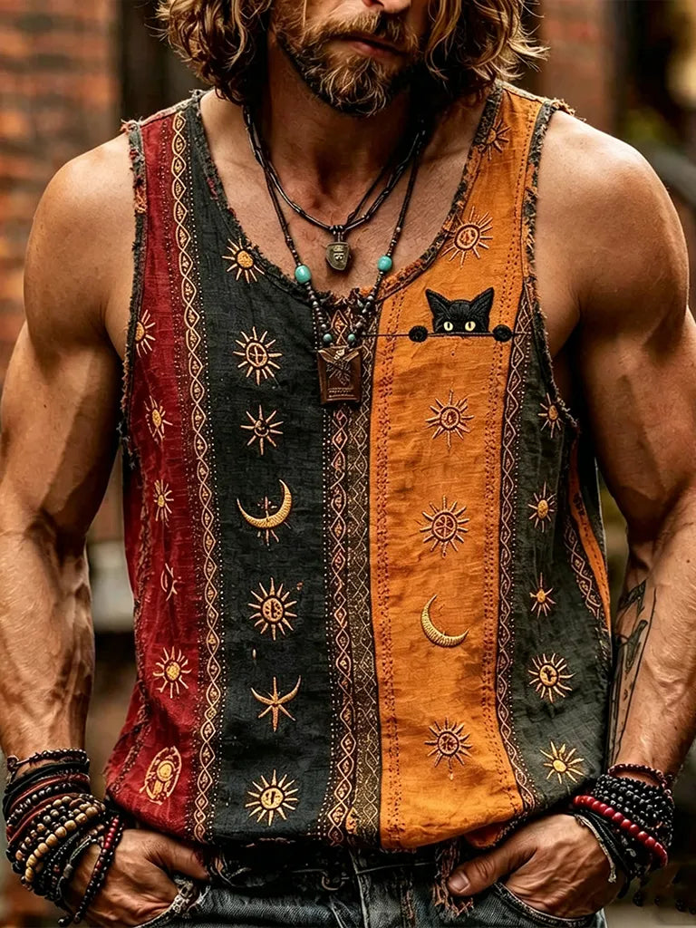 Men's Retro Striped Black Cat Art Pattern Linen Vest