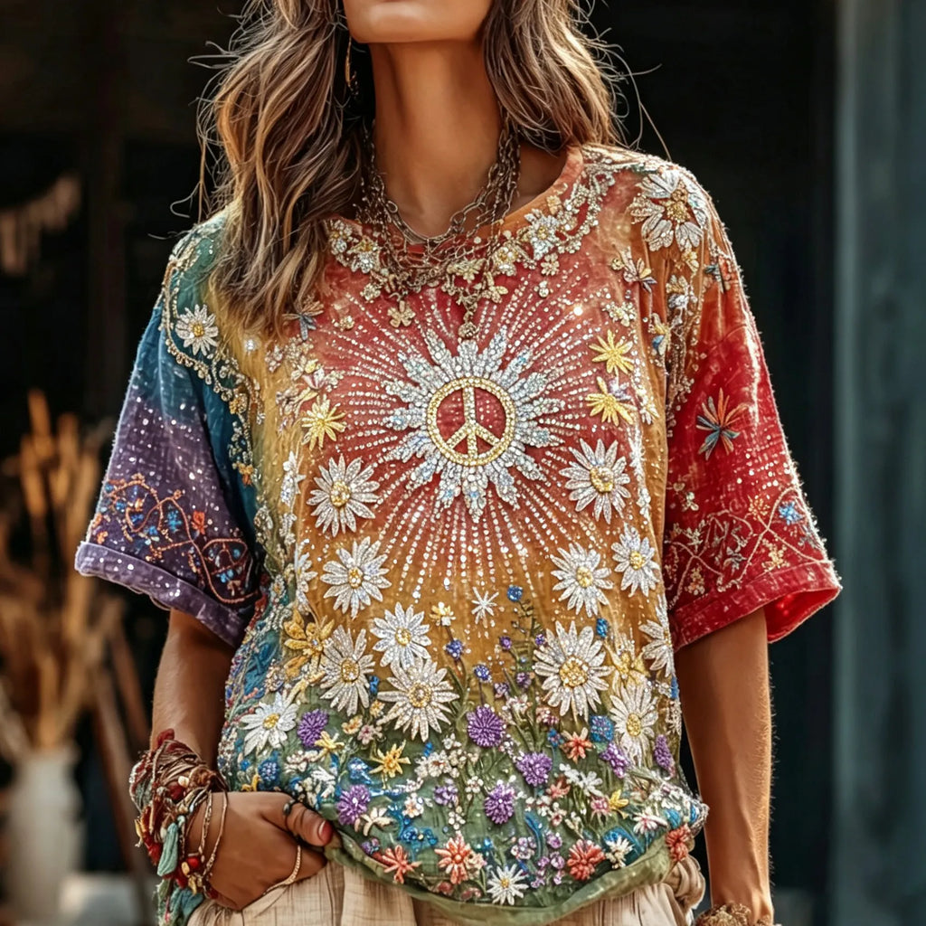 Women's Retro Tie-dye Peace Symbol Floral Embroidery Casual T-shirt