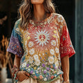 Women's Retro Tie-dye Peace Symbol Floral Embroidery Casual T-shirt