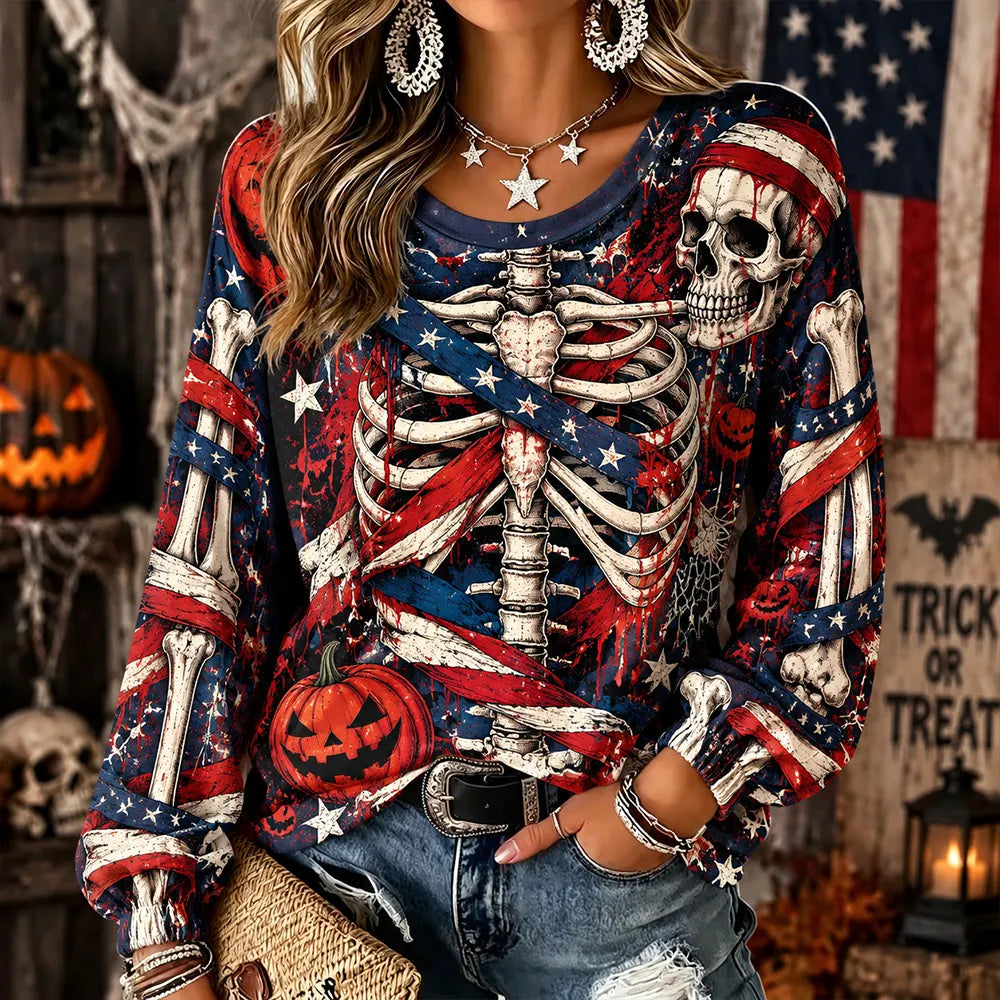 Women's Halloween Human Skeleton And Bandage Art Casual Crewneck Top