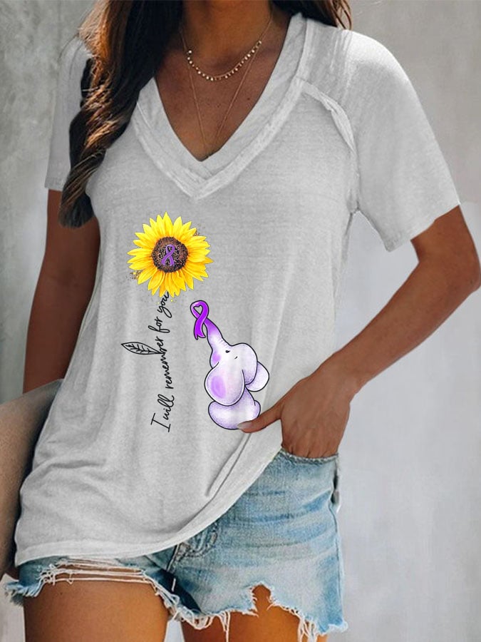 Women's Elephant I Will Remember For You Sunflower Alzheimer Print T-shirt