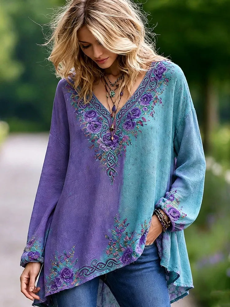 Women's Retro Purple Rose And Celtic Knot Pattern Casual Cotton Linen T-shirt