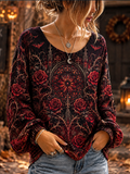 Women's Halloween Red Gothic Rose, Stained Glass & Bats Graphic Long-sleeve Top