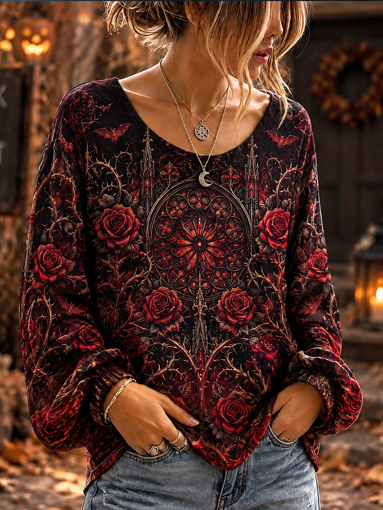 Women's Halloween Red Gothic Rose, Stained Glass & Bats Graphic Long-sleeve Top