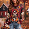 Women's Retro Day Of The Dead Sugar Skull Floral Print Crew Neck Knit Sweater