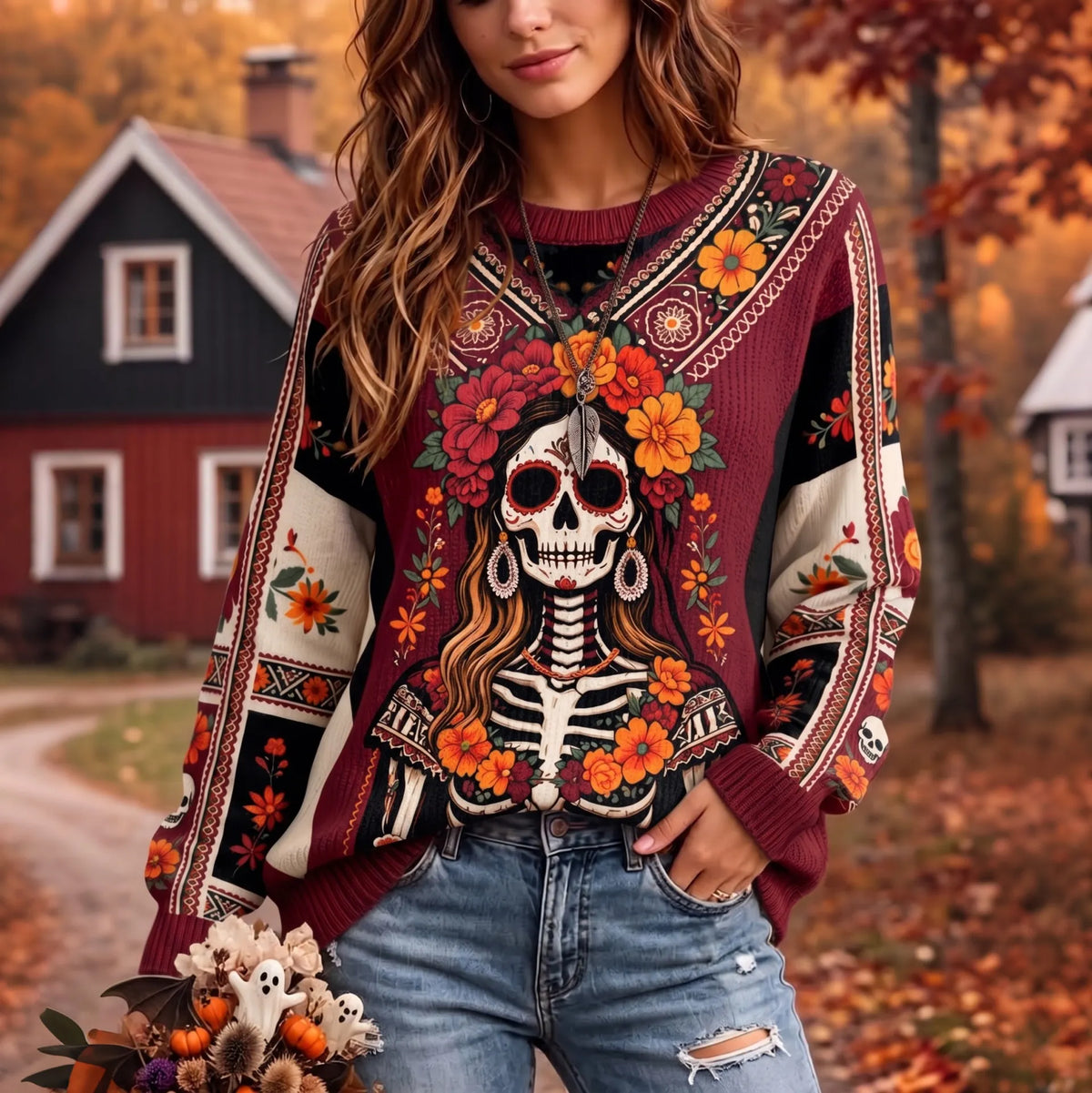 Women's Retro Day Of The Dead Sugar Skull Floral Print Crew Neck Knit Sweater