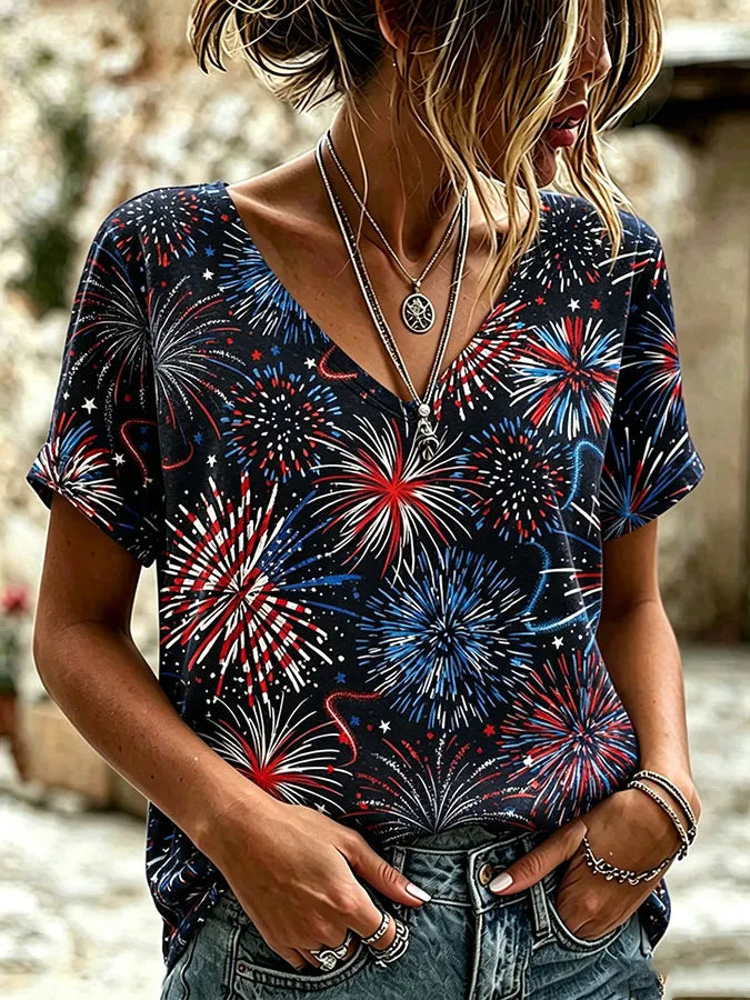 Women'S American Fireworks Printed Casual T-Shirt