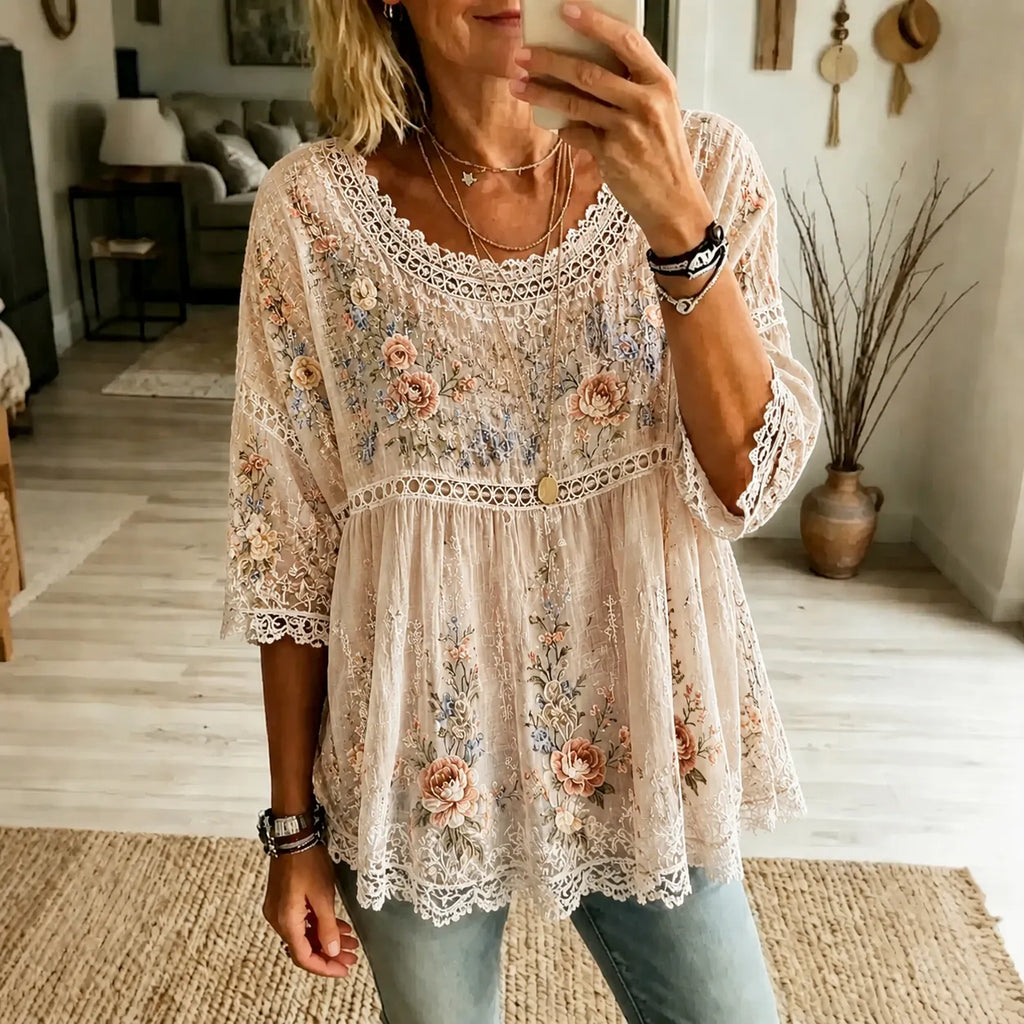 Women's Vintage Boho Floral Embroidered Art Crew Neck Linen Blend T-shirt