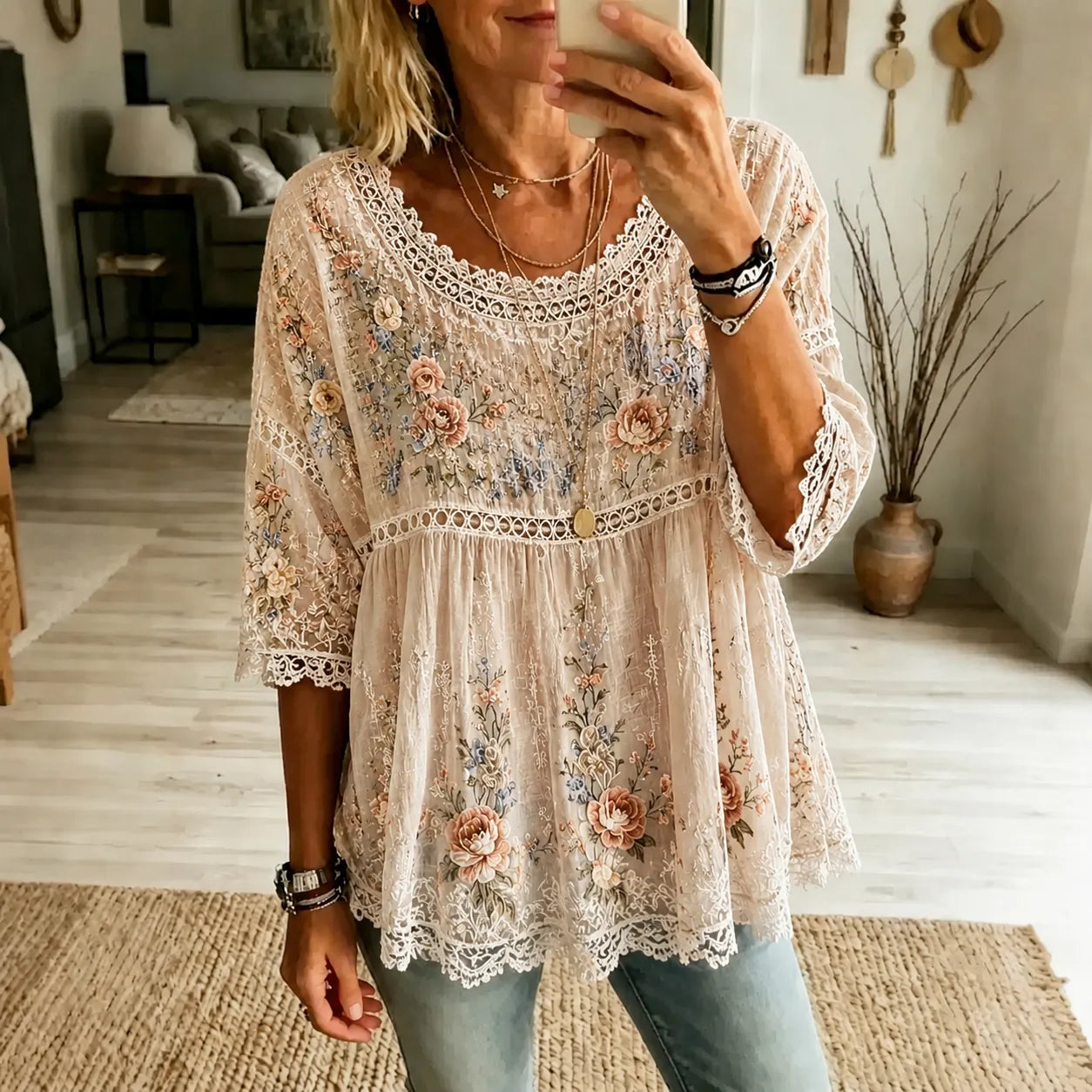 Women's Vintage Boho Floral Embroidered Art Crew Neck Linen Blend T-shirt