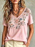 Women's Casual Retro Short-Sleeve Top with Floral Breast Cancer Awareness Print