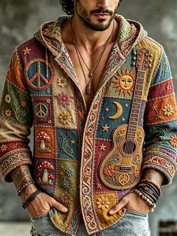 Men's Vintage Rainbow Sun & Peace Sign Patchwork Boho Art Print Flowy Linen Blend Casual Buttons Hooded Shirts