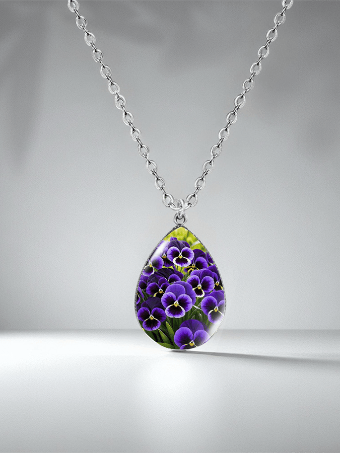 Purple Drop-Shaped Pansy Flower Design Necklace