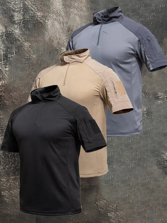 Men's Breathable Military-Style Short-Sleeve Shirt with Stand Collar and Zipper