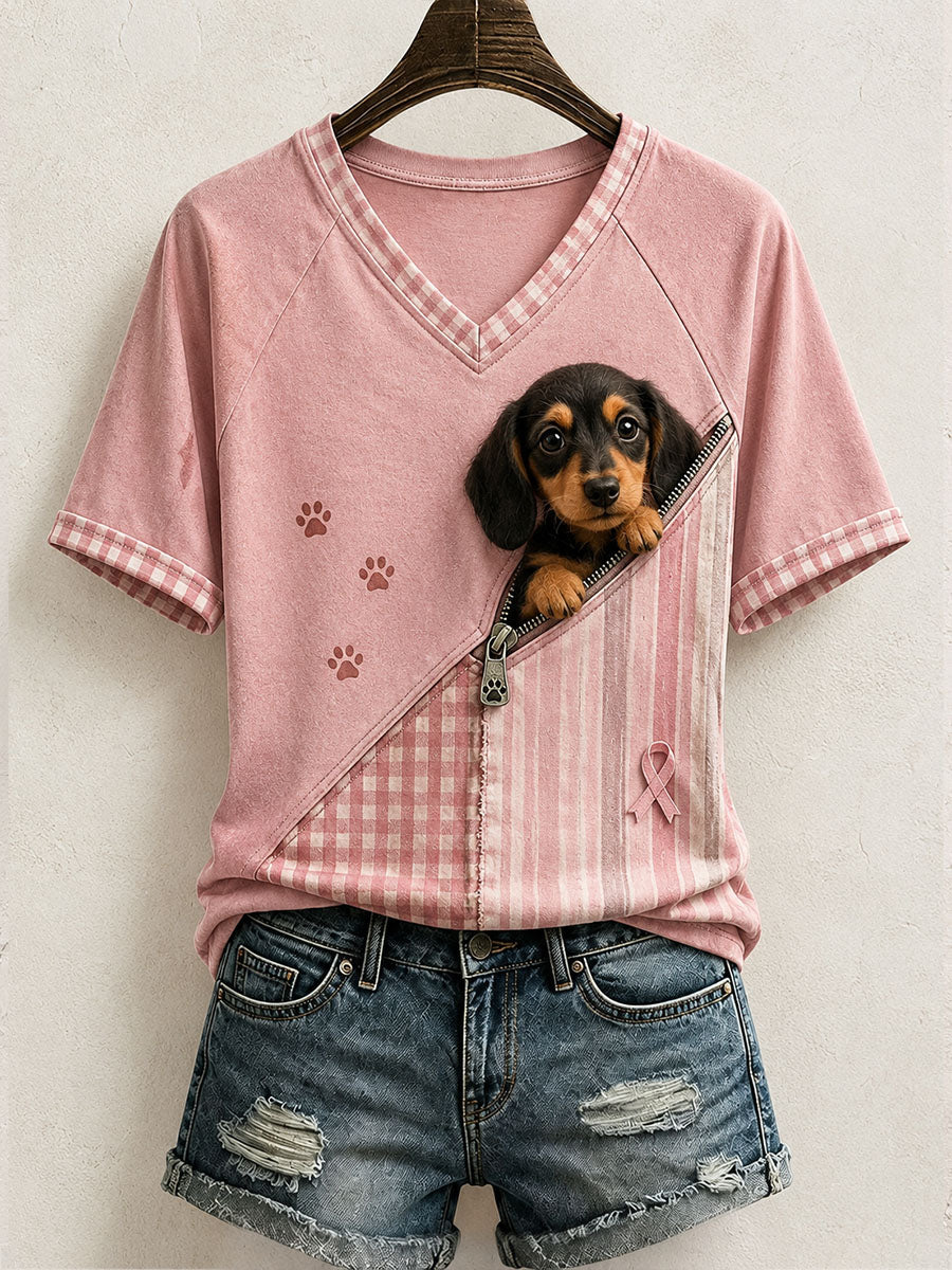 Cute Women'S Spliced T-Shirt Adorned With A Dachshund Pattern And Artwork