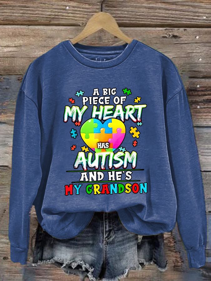 Retro A Big Piece Of My Heart Has Autism And He's My Grandson Print Sweatshirt