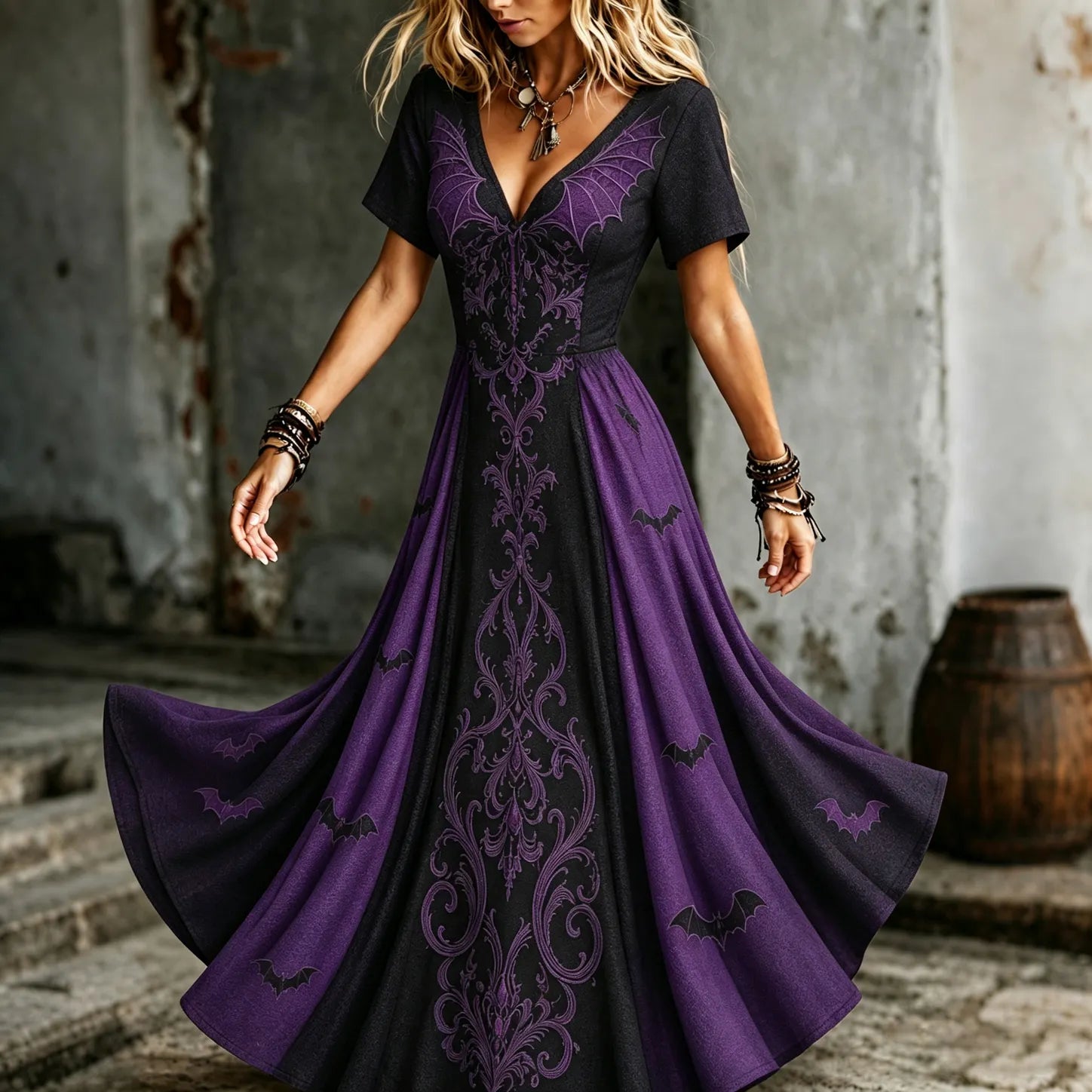 Women's Vintage Halloween Bat Pattern V-neck Short Sleeve Maxi Dress