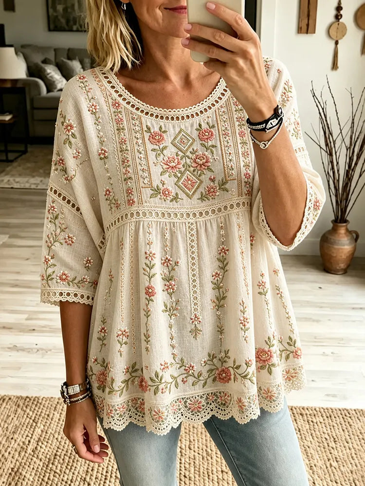 Women's Vintage Boho Floral Embroidered Art Crew Neck Linen Blend T-shirt