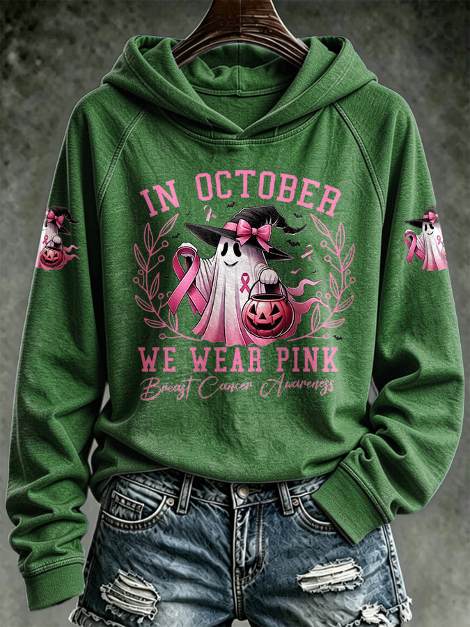 Retro Breast Cancer Awareness Ghost Pumpkin In October We Wear Pink Print Hoodie