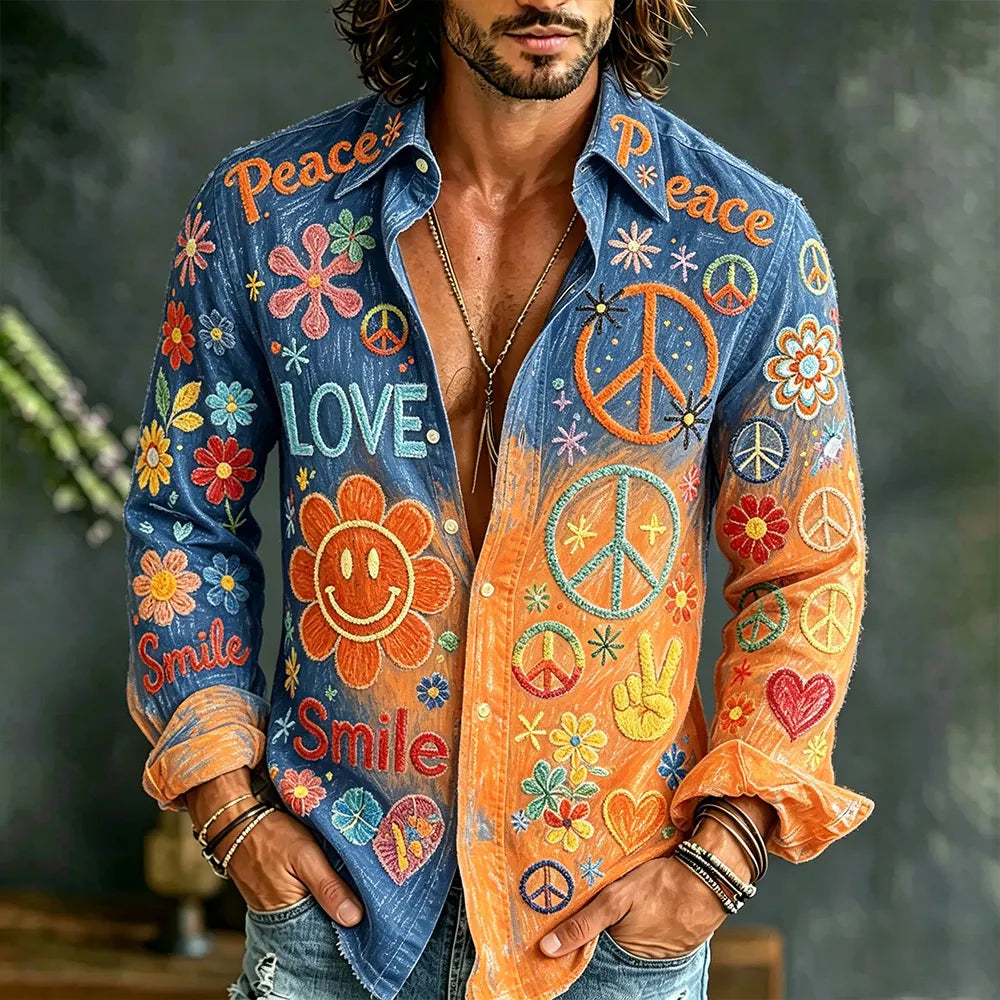 Men's Hippie Style Floral Embroidered Gradient Casual Long Sleeve Shirt
