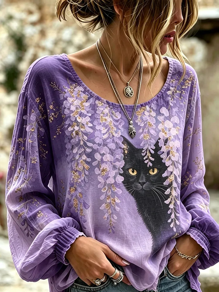 Women's Purple Long-sleeve Wisteria And Black Cat Graphic Print Blouse