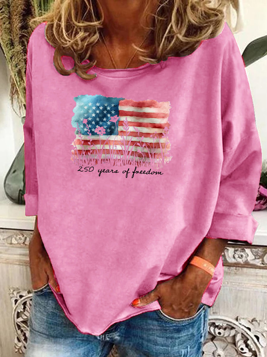 Women's Watercolor 250 Years Of Freedom Pattern Long Sleeve T-Shirt