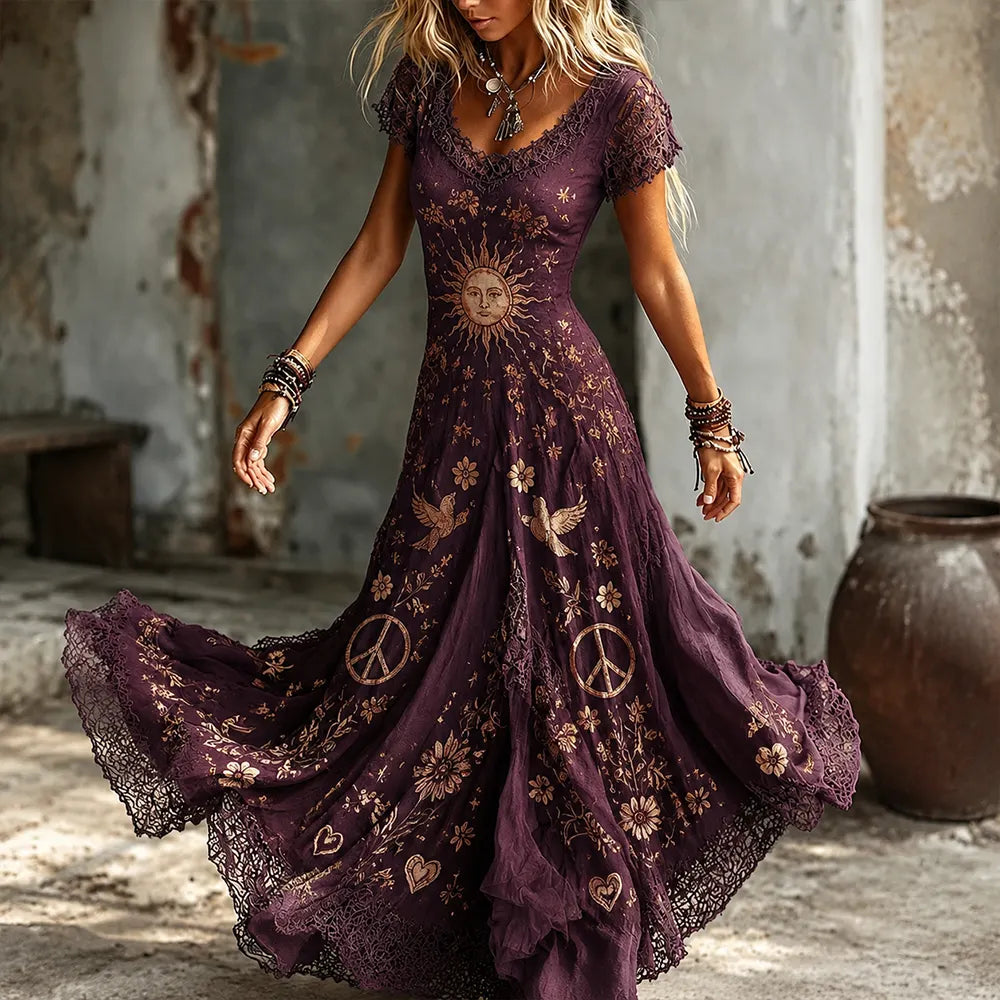 Women's Boho Vintage Purple Sun, Bird & Peace Sign Embroidered Maxi Dress