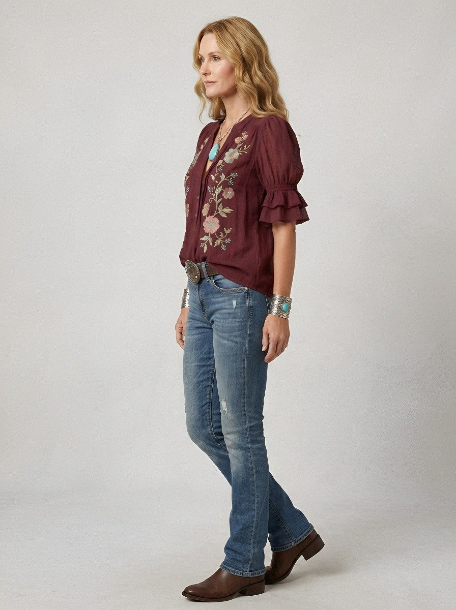 Women's Western Vintage Floral Embroidered Ruffle Sleeve Top