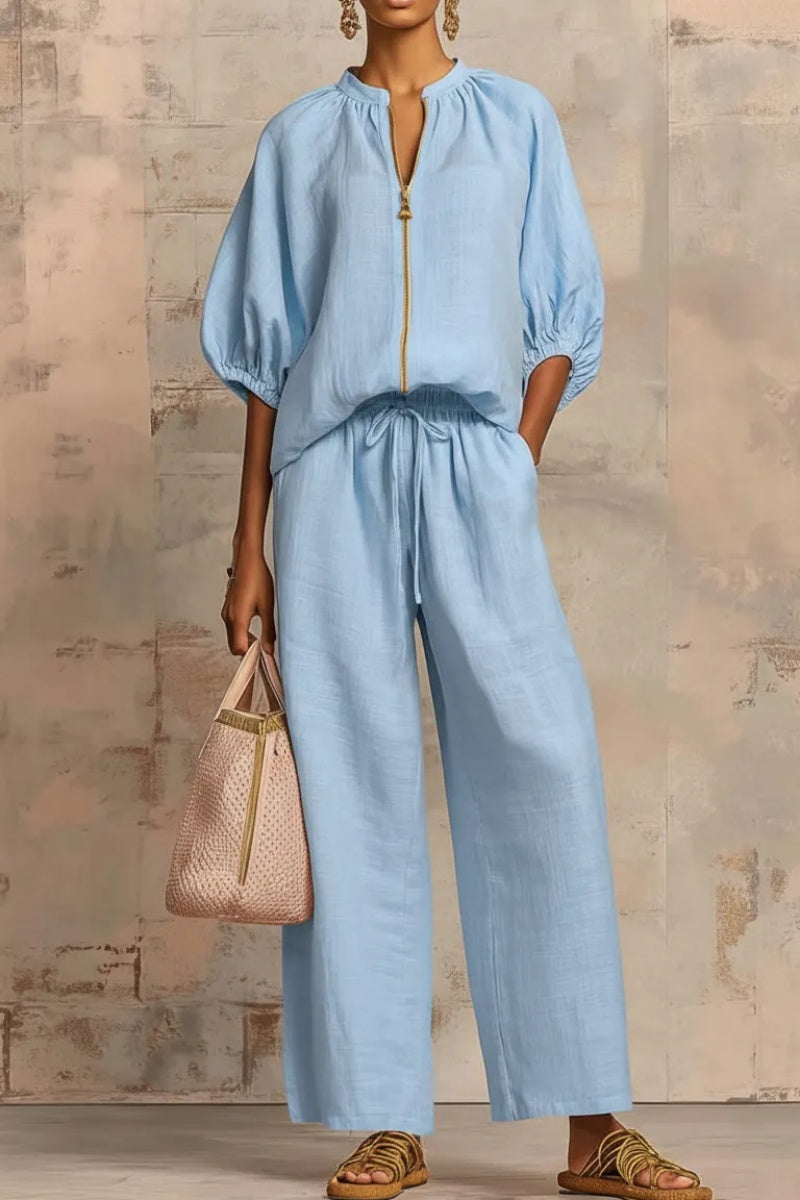 New Arrivals🔥 Stylish Cozy Zipper Shirt & Wide-Leg Pants Linen Cotton Two-Piece Set