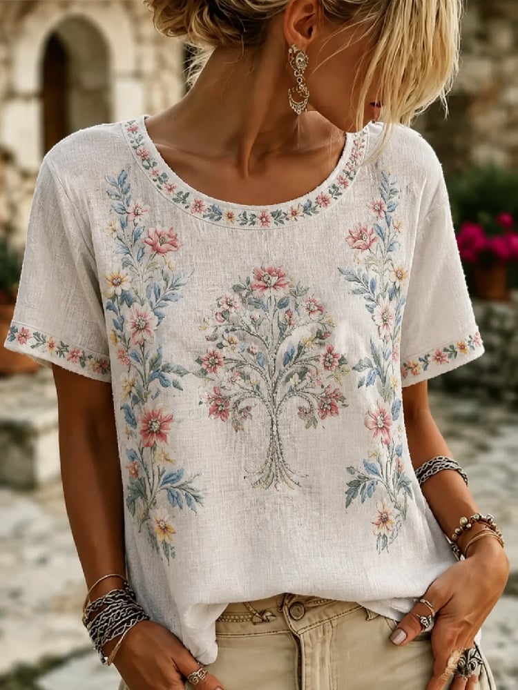 Women's Casual Retro Short-Sleeve Top with Floral Breast Cancer Awareness Print