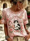Women's Pink Floral And Cat Printed Casual T-Shirt