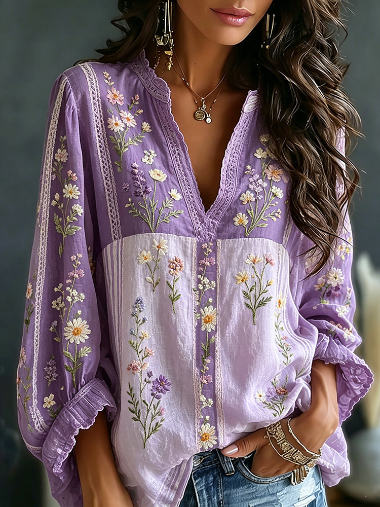 Women's Small Floral And Lace Art Splicing Washed Cotton Linen Casual V-neck Long Sleeve Top