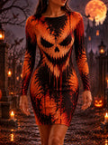 Women's Halloween Orange Scary Pumpkin Bodycon Mini Dress