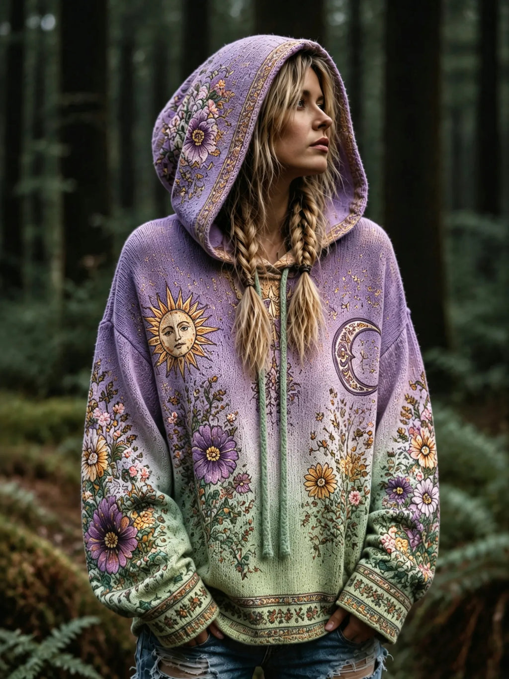 Women's Retro Hippie Floral Art Cozy Knit Hooded Sweater